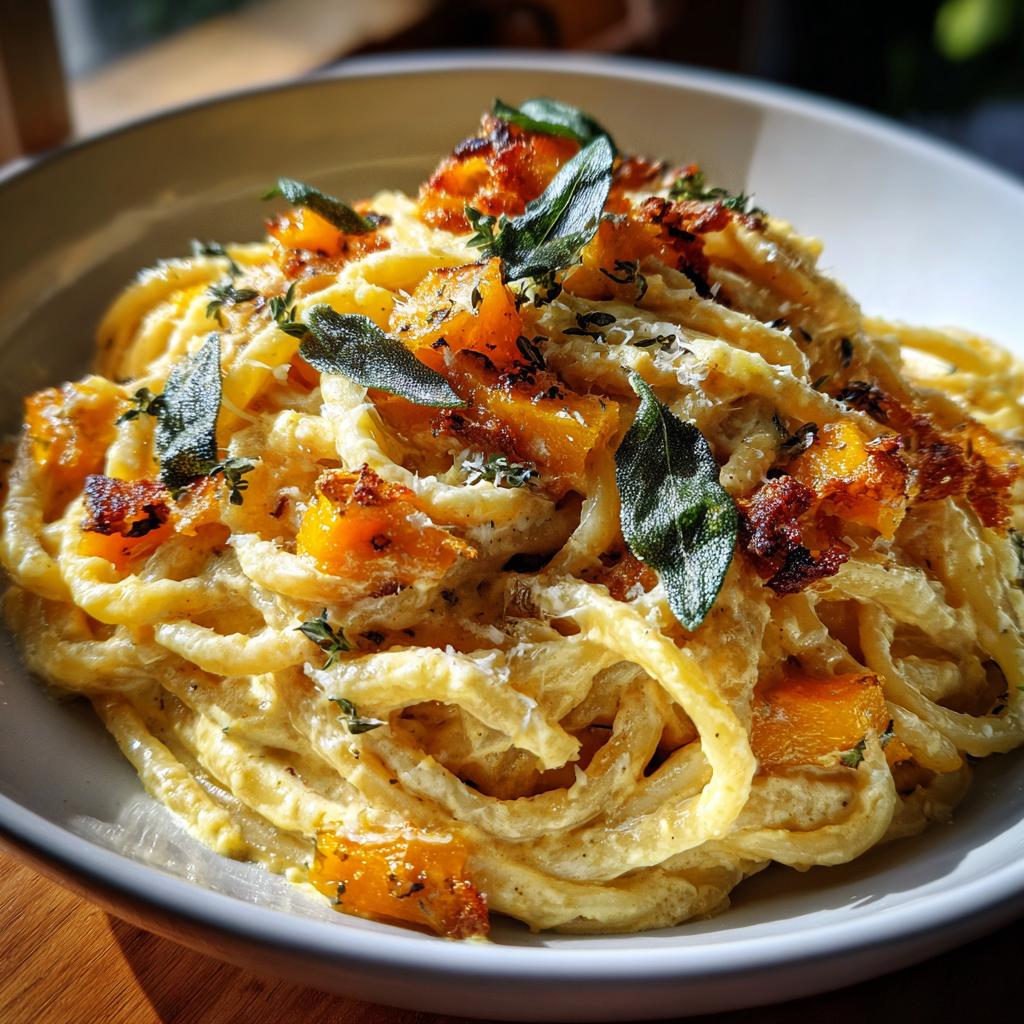 Close-up of creamy butternut squash pasta with crispy sage leaves and roasted squash pieces.