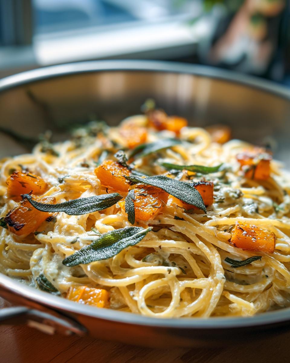 Close-up of spaghetti pasta with creamy sauce, roasted butternut squash, and crispy sage leaves.
