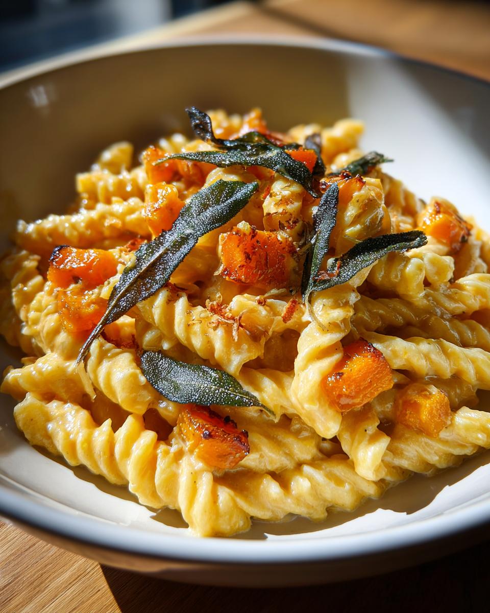 Close-up of fusilli pasta coated in creamy butternut squash sauce, topped with roasted butternut squash cubes and crispy sage leaves.