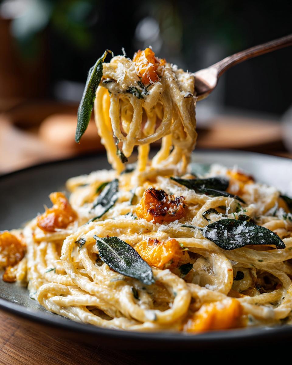 A fork twirls spaghetti coated in creamy sauce, topped with butternut squash and crispy sage leaves.