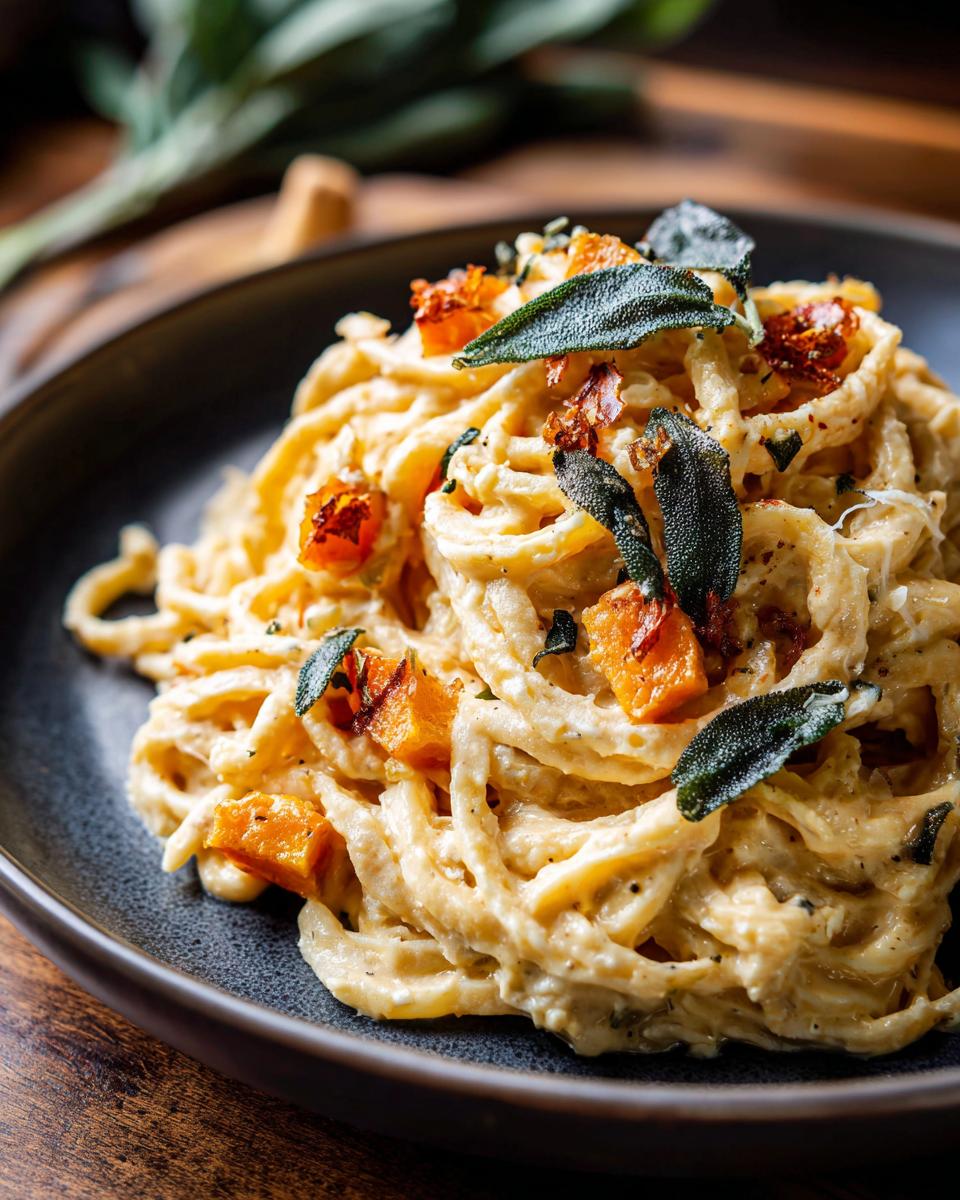 A close-up of creamy butternut squash pasta topped with crispy sage leaves and roasted squash.