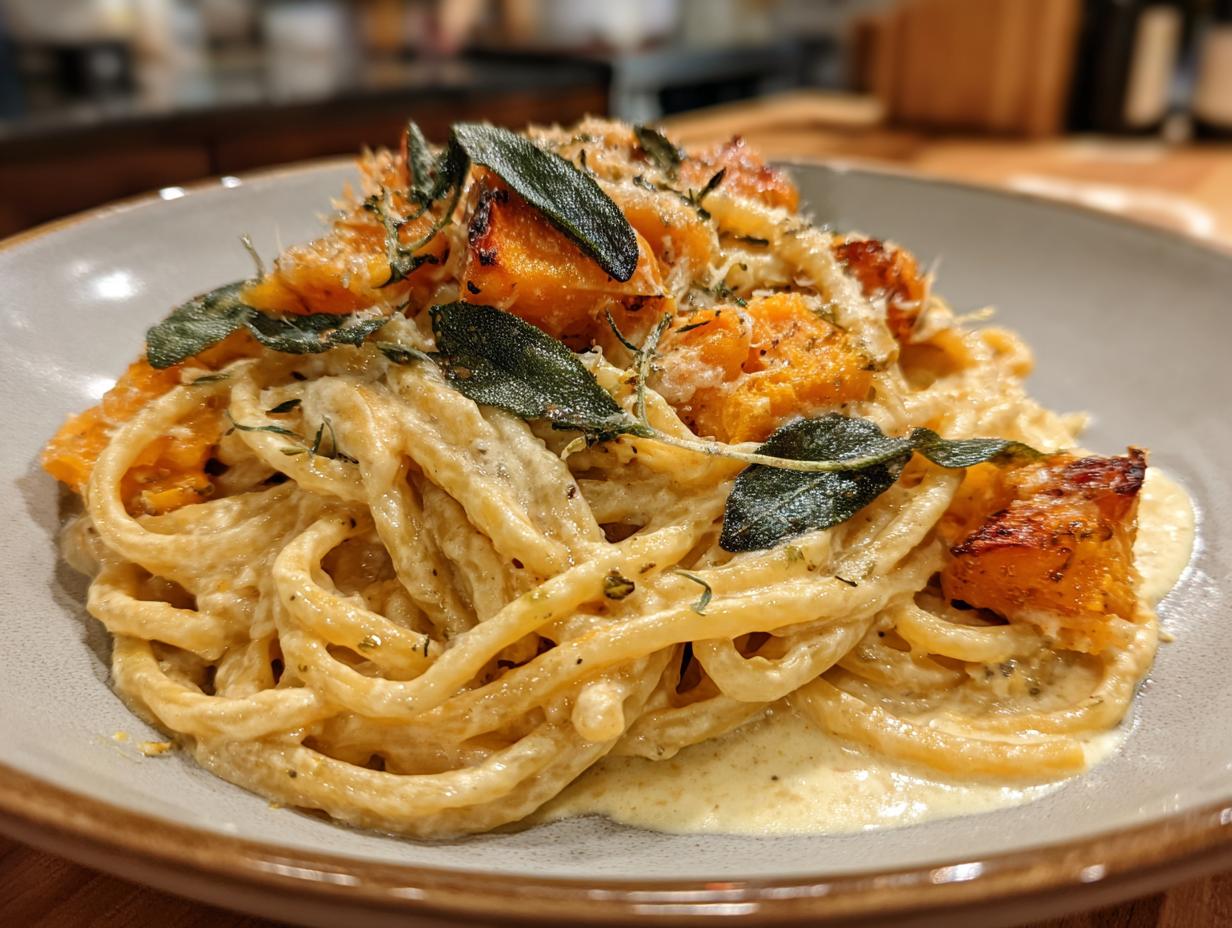 A close-up of creamy pasta with roasted butternut squash and crispy sage leaves.