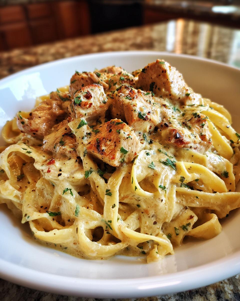 Close-up of creamy Cajun Chicken Alfredo pasta with tender pieces of seasoned chicken breast.
