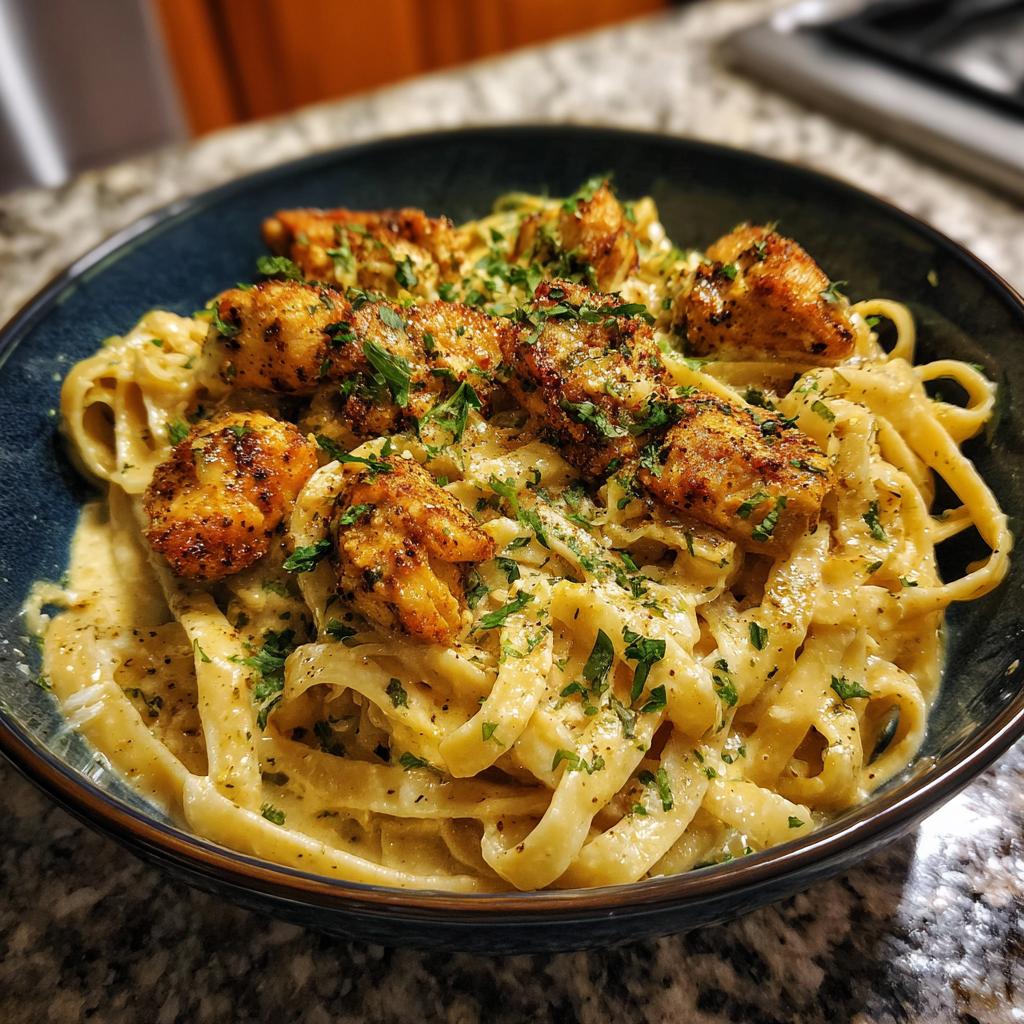 A close-up of a bowl of fettuccine pasta coated in creamy Alfredo sauce, topped with seasoned Cajun chicken pieces and fresh parsley.