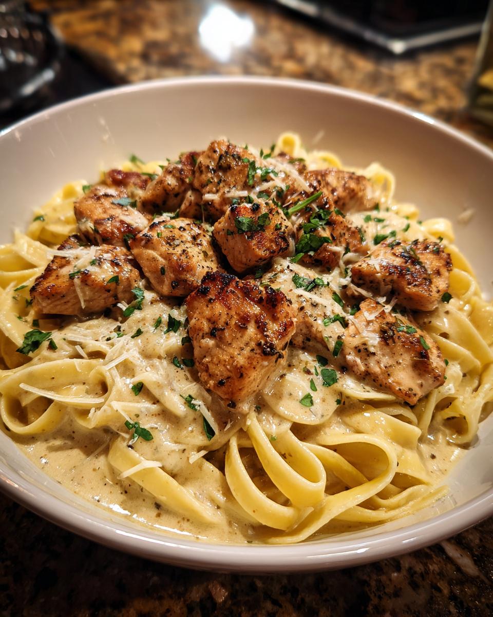 A bowl of creamy fettuccine pasta topped with seasoned Cajun chicken breast pieces and fresh parsley.
