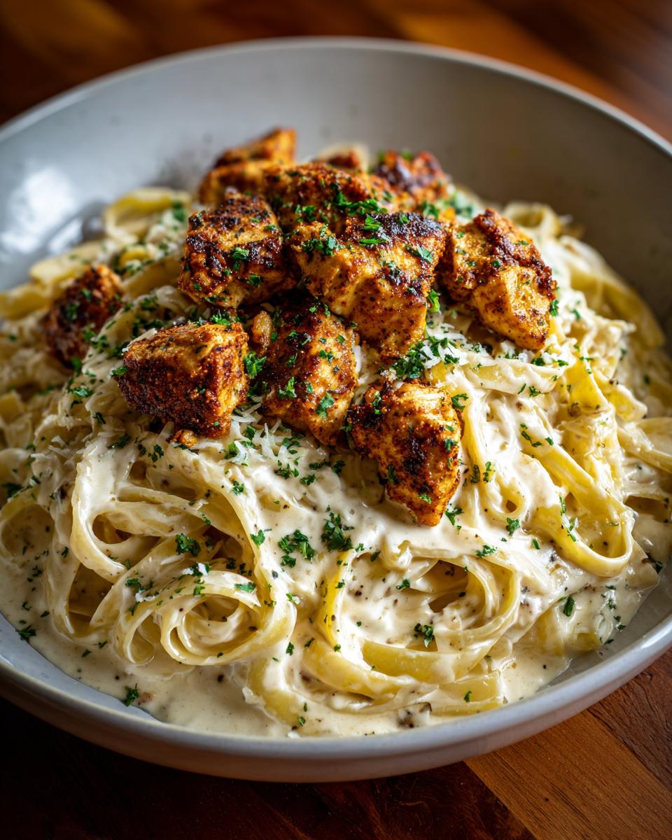 A bowl of creamy fettuccine Alfredo topped with seasoned Cajun chicken breast pieces and fresh parsley.