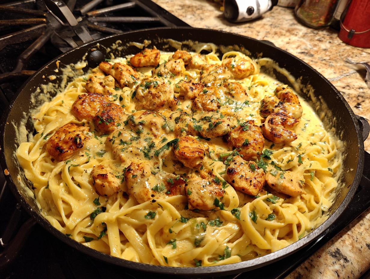 A cast iron skillet filled with fettuccine pasta and creamy Cajun chicken.