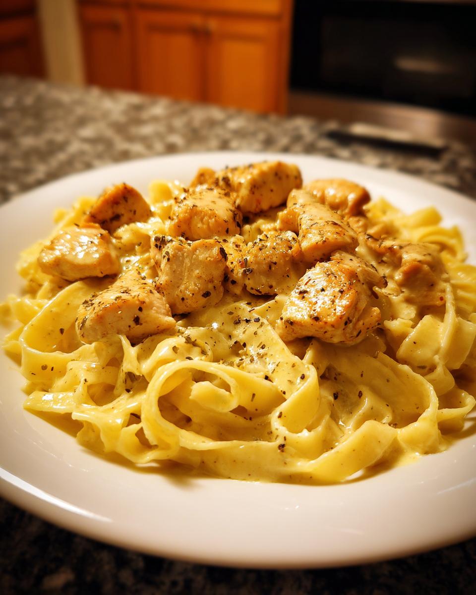 A close-up of creamy fettuccine pasta topped with seasoned Cajun chicken pieces.