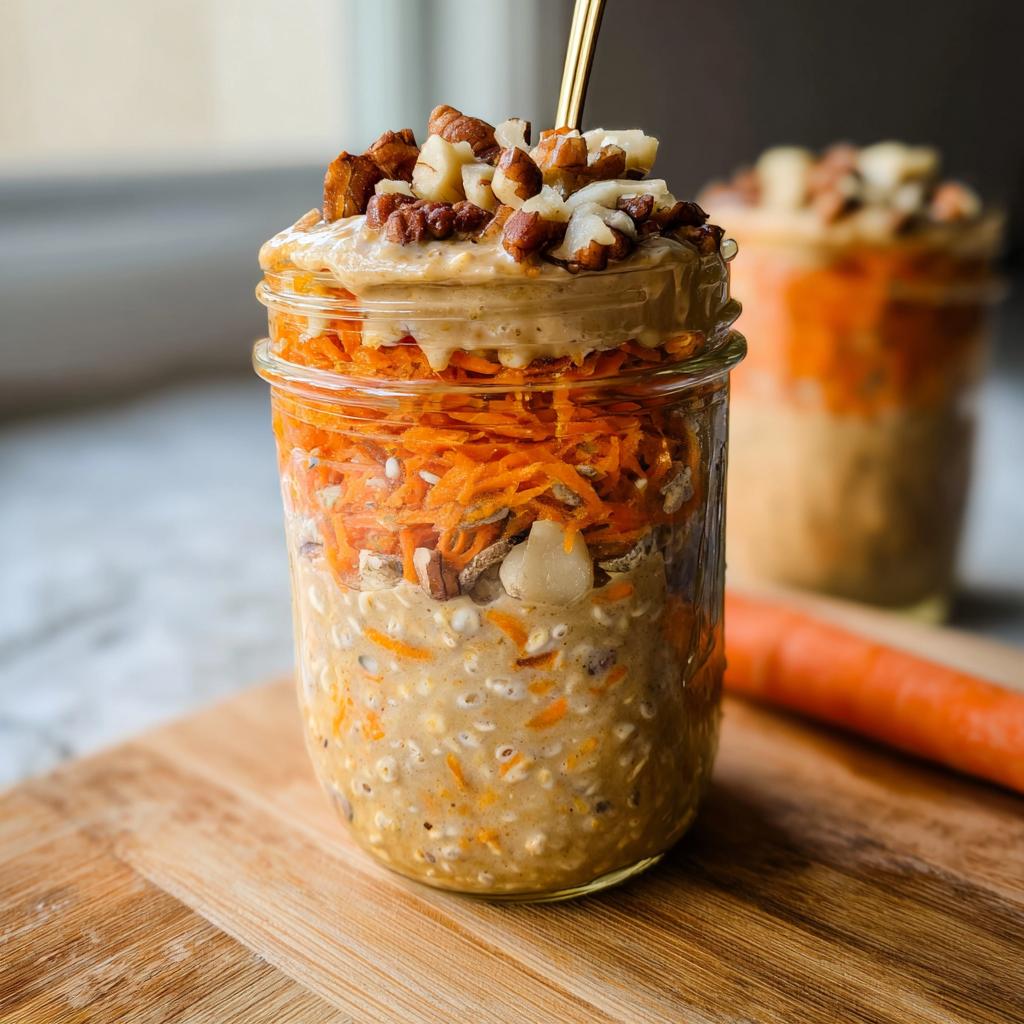 Close-up of delicious Carrot Cake Overnight Oats layered in a glass jar, topped with nuts and a dollop of cream.