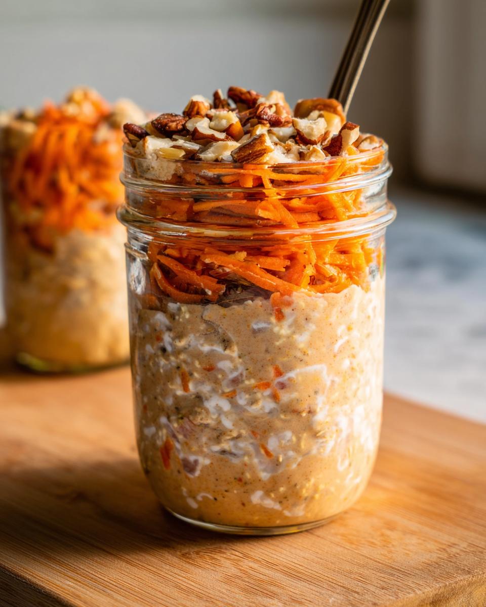 Close-up of Carrot Cake Overnight Oats in a mason jar, topped with shredded carrots and chopped nuts.