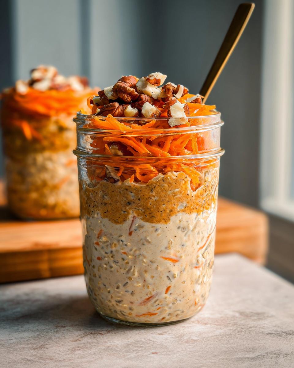 Close-up of Carrot Cake Overnight Oats in a mason jar, topped with shredded carrots and walnuts.