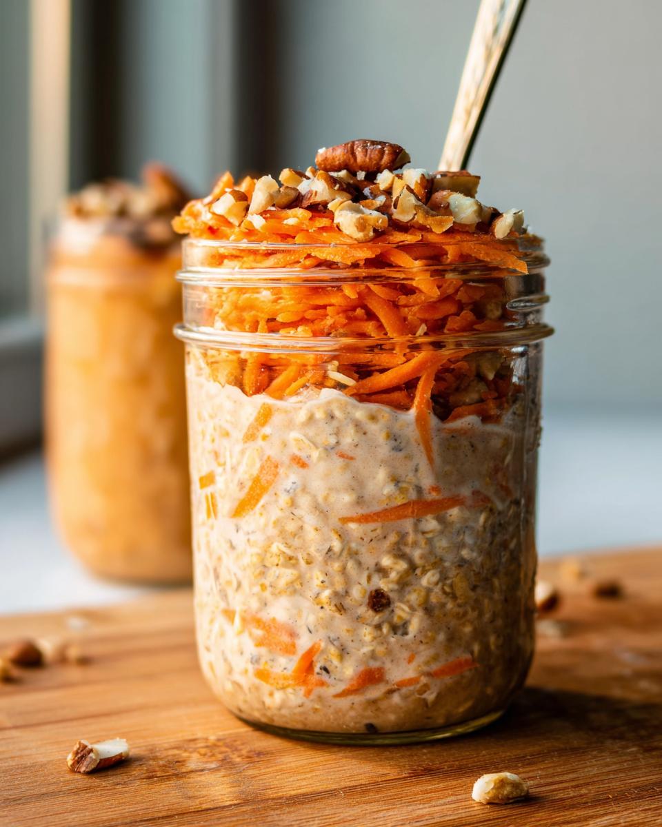 Close-up of Carrot Cake Overnight Oats in a mason jar, topped with shredded carrots, chopped pecans, and a whole pecan.