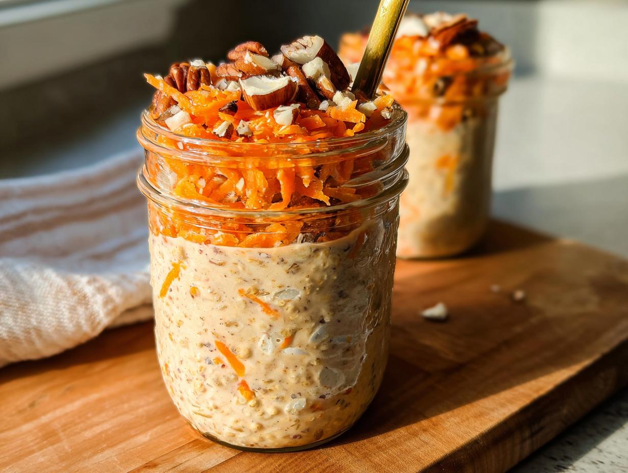 Close-up of Carrot Cake Overnight Oats in a mason jar, topped with shredded carrots and pecans.