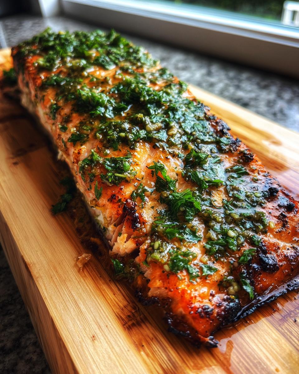 Close-up of a perfectly grilled cedar plank salmon fillet topped with fresh herbs and glistening glaze.