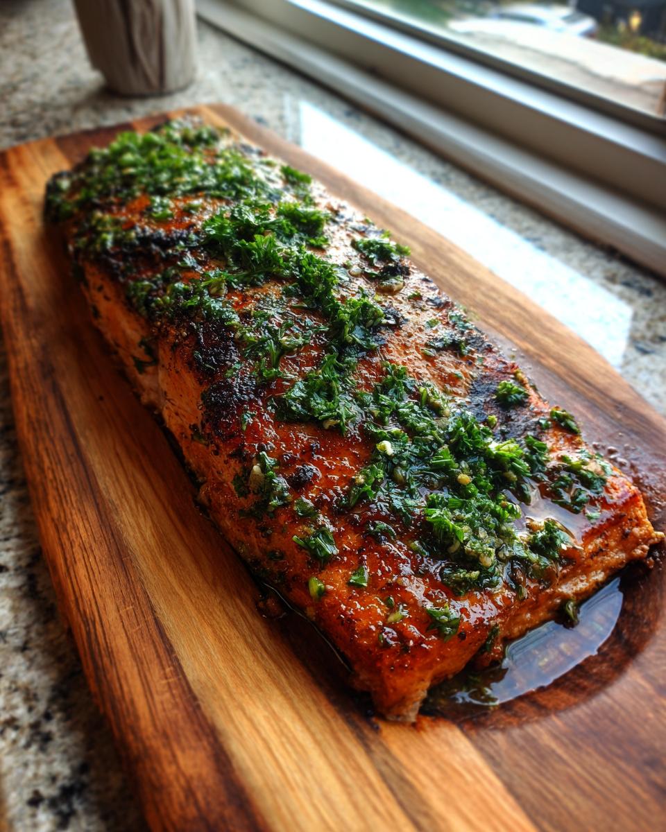 A beautifully grilled cedar plank salmon fillet topped with fresh herbs and glistening juices.