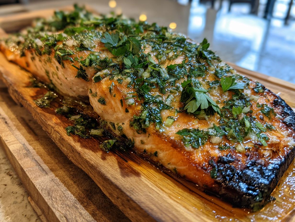 A beautifully grilled cedar plank salmon fillet topped with fresh herbs and garlic.
