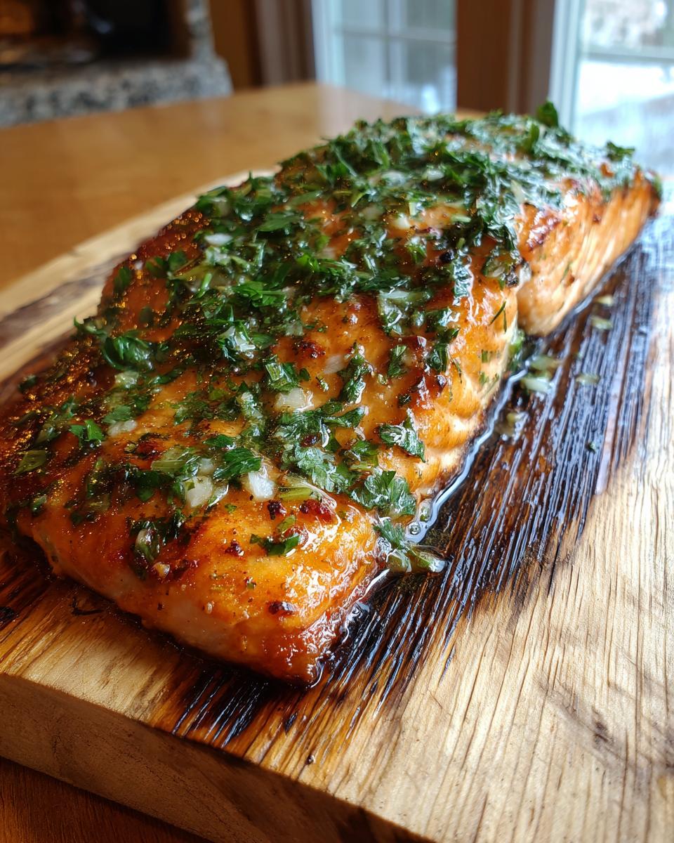 A beautifully grilled cedar plank salmon fillet topped with fresh herbs and glistening sauce.