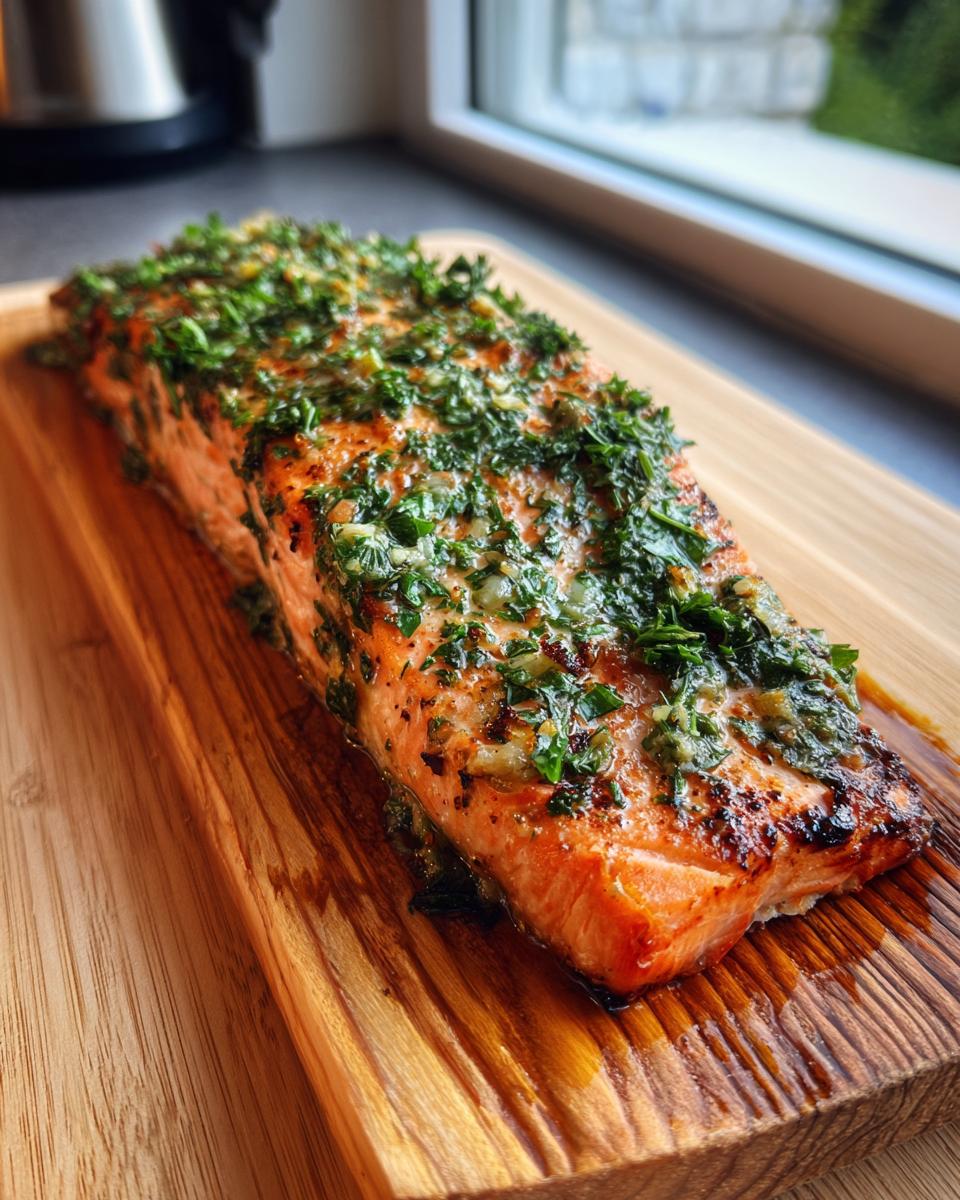 A perfectly grilled cedar plank salmon fillet generously topped with fresh herbs.