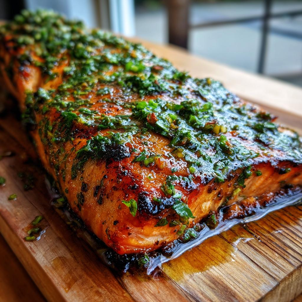 A beautifully grilled cedar plank salmon fillet topped with fresh herbs, ready to serve.