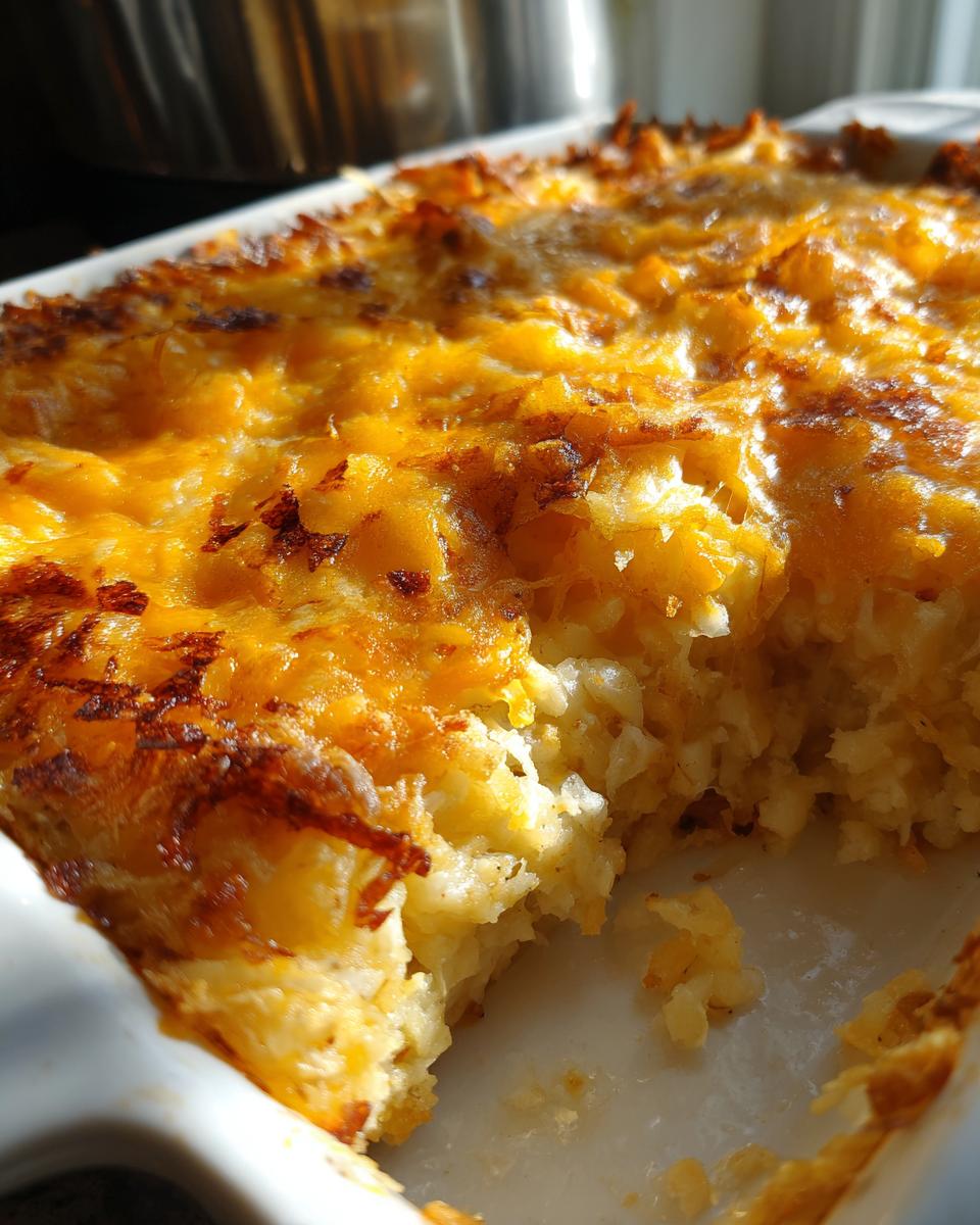 Close-up of a cheesy hash brown casserole in a white baking dish, with golden brown melted cheese on top.