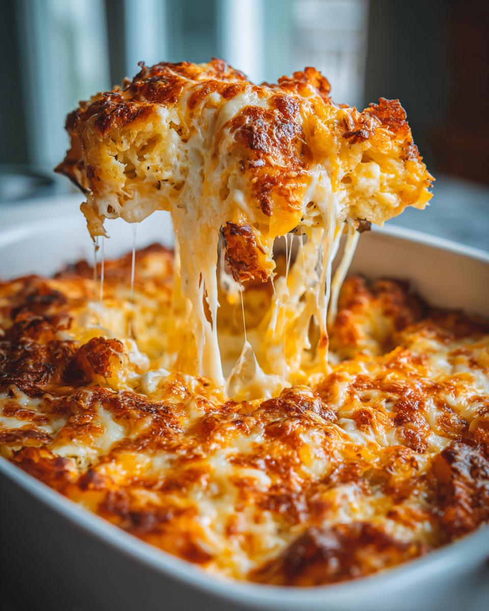 A scoop of cheesy hash brown casserole being lifted, with melted cheese stretching.