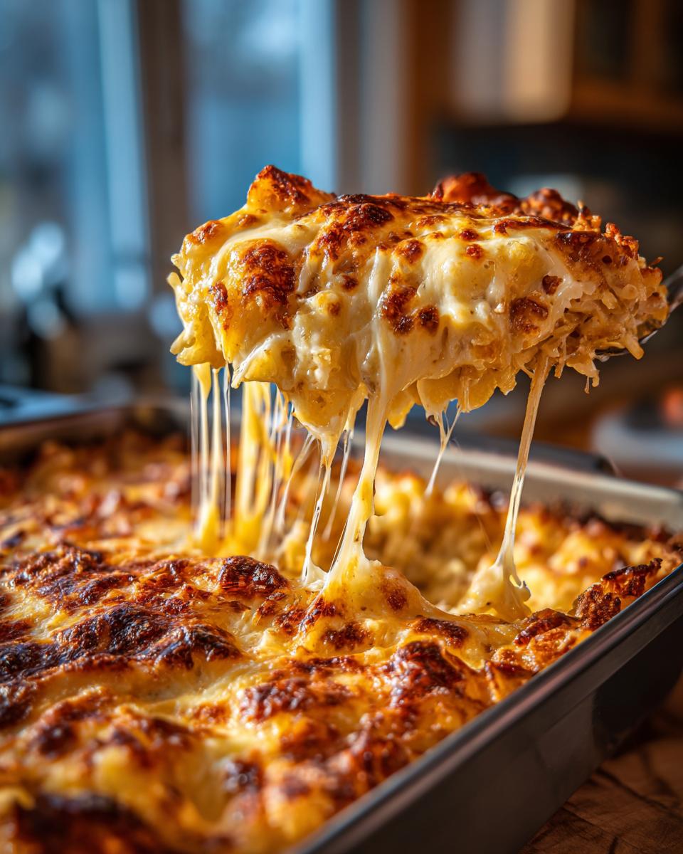 A scoop of cheesy hash brown casserole being lifted from a baking dish, with melted cheese stretching.