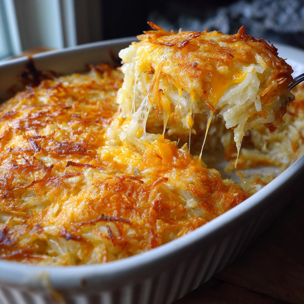 A scoop of cheesy hash brown casserole being lifted from a baking dish, showing melted cheese strings.