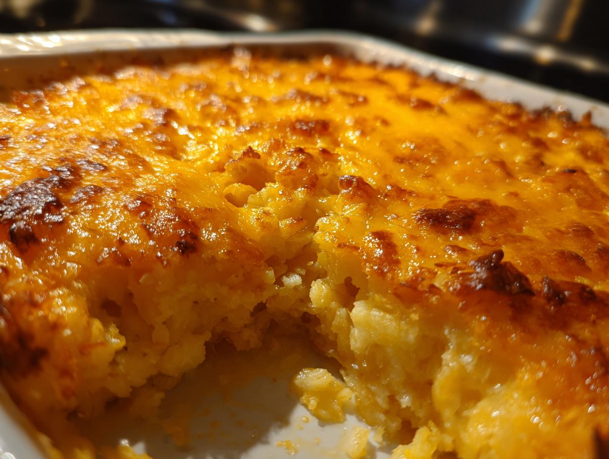 Close-up of a golden-brown cheesy hash brown casserole, showing melted cheese and fluffy hash browns.