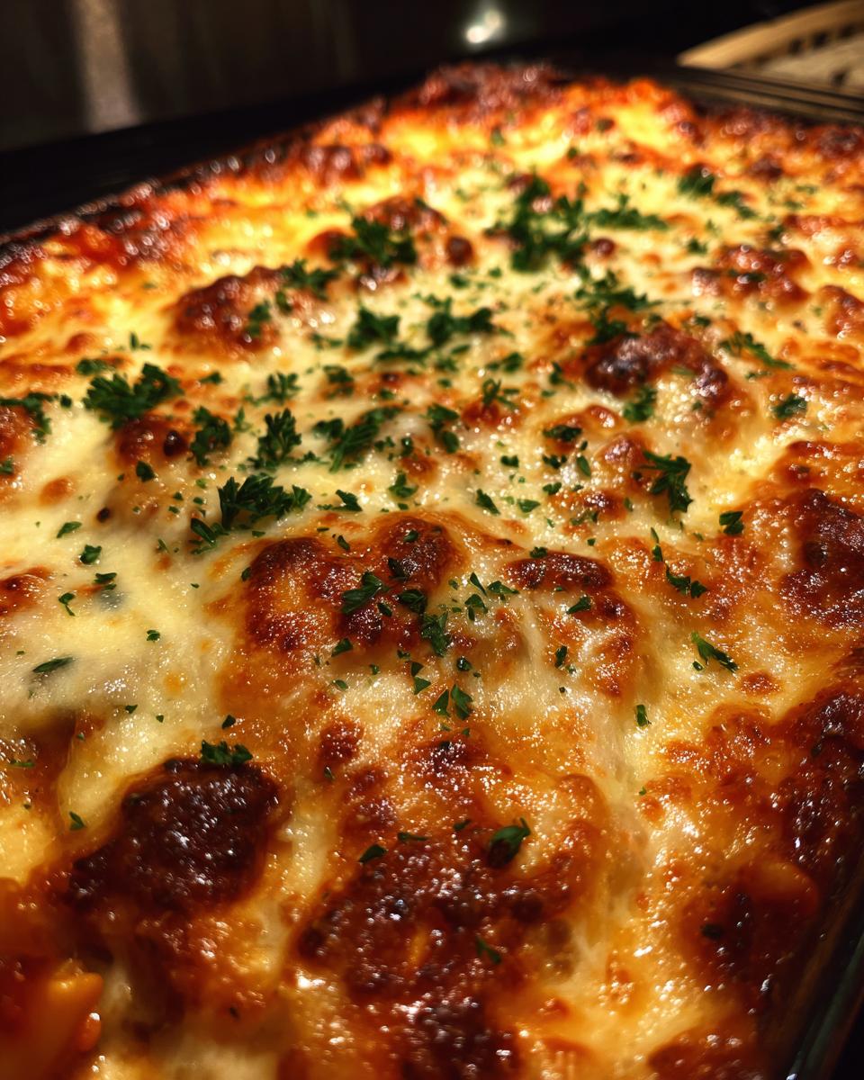 Close-up of a bubbly, golden-brown cheesy ravioli bake, sprinkled with fresh parsley.
