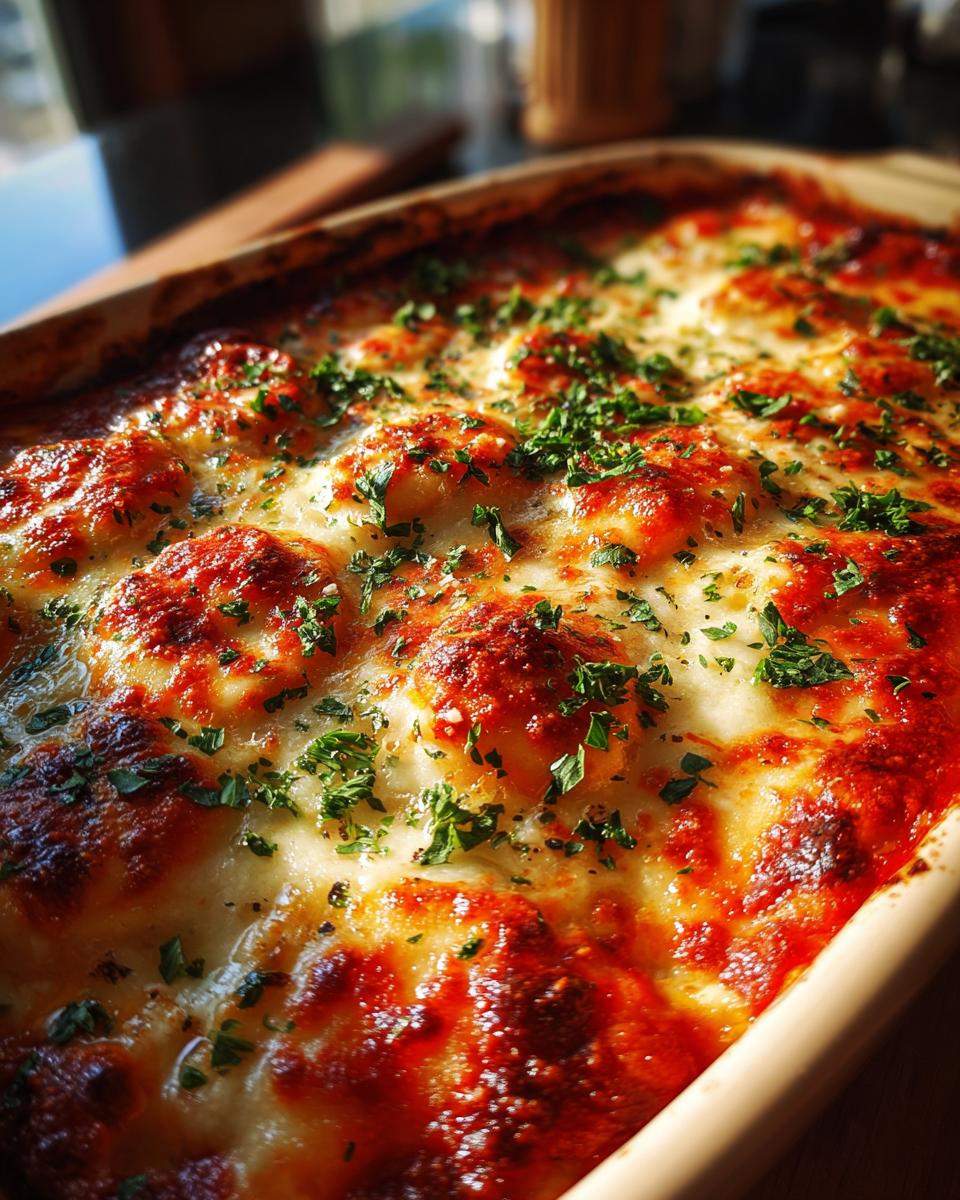 Close-up of a bubbly, golden-brown cheesy ravioli bake, topped with fresh parsley.