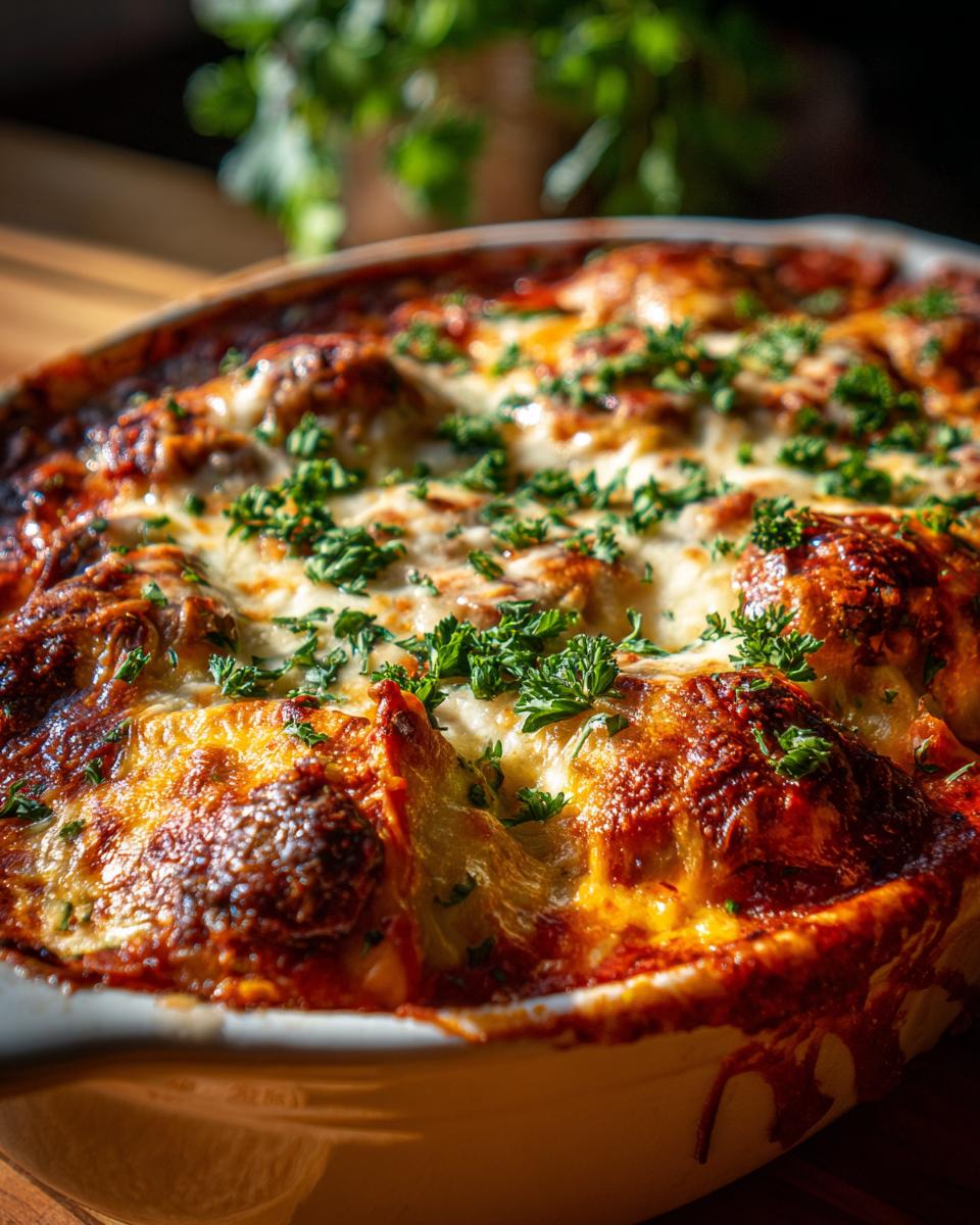 Close-up of a bubbling Cheesy Ravioli Bake, topped with melted cheese and fresh parsley, ready to serve.