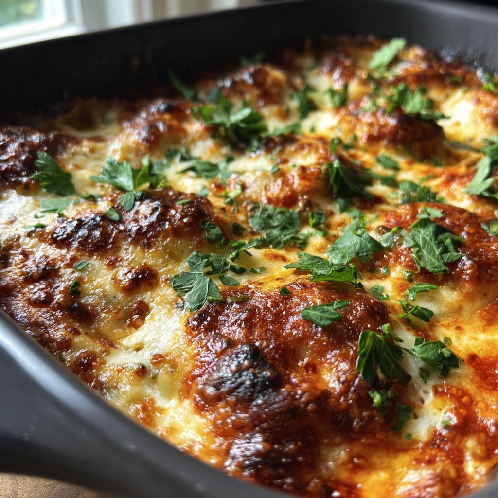 Close-up of a bubbly, golden-brown Cheesy Ravioli Bake, garnished with fresh parsley, perfect for easy dinner recipes.