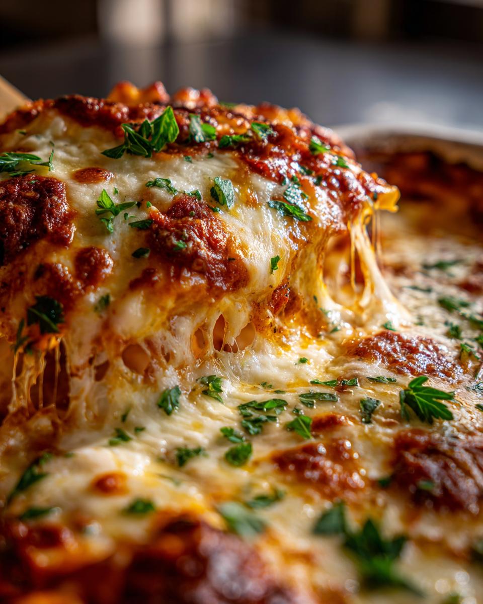 A close-up of a serving spoon lifting a cheesy portion of Cheesy Ravioli Bake, showing melted mozzarella and rich tomato sauce.