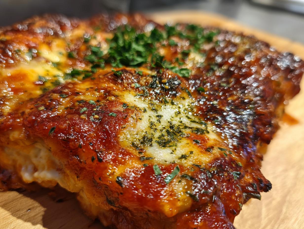 Close-up of a slice of cheesy ravioli bake, featuring melted cheese, marinara sauce, and herbs.