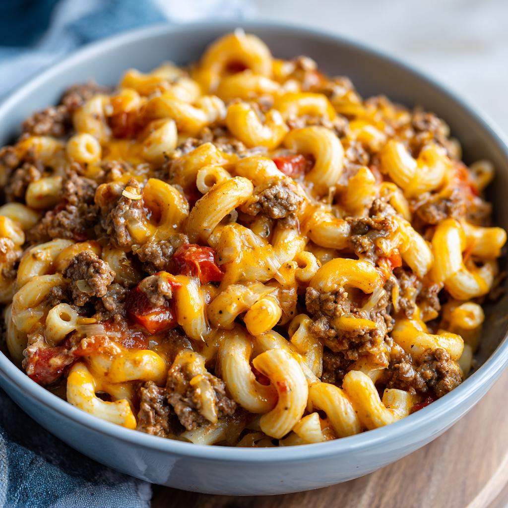 A bowl of cheesy taco pasta with ground beef and elbow macaroni, a perfect ground beef recipe for weeknights.