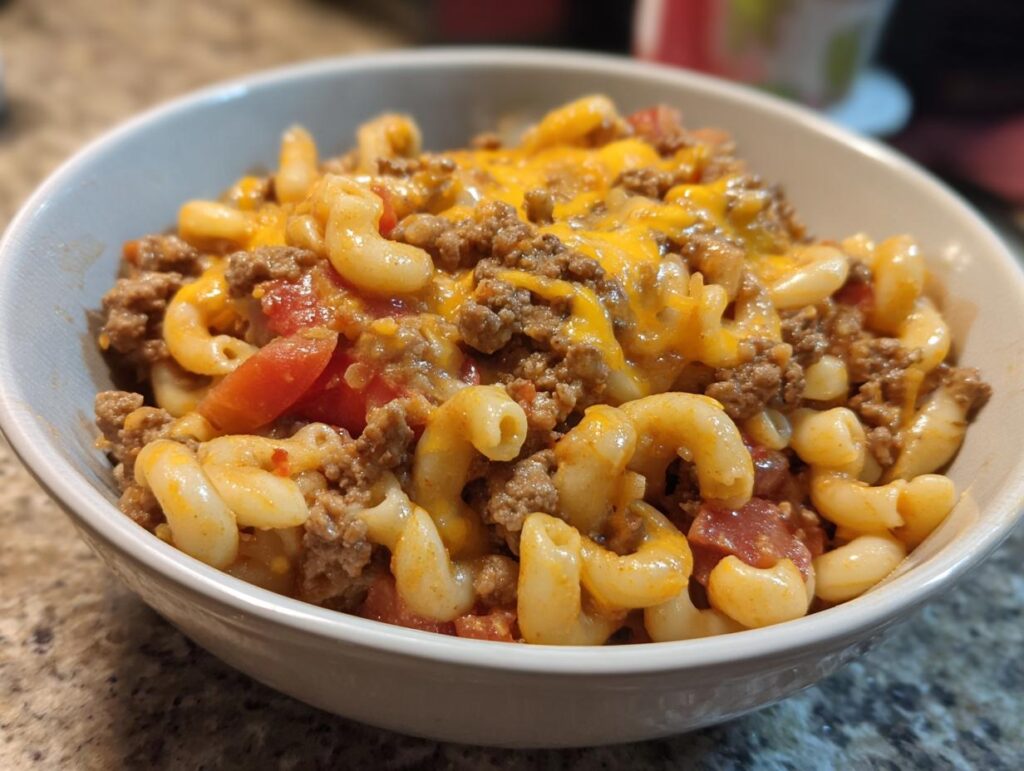 A bowl of cheesy taco pasta with ground beef and macaroni, a perfect weeknight meal.