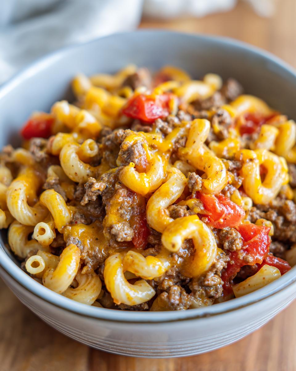 A close-up of a bowl filled with cheesy taco pasta, featuring ground beef, elbow macaroni, and diced tomatoes.