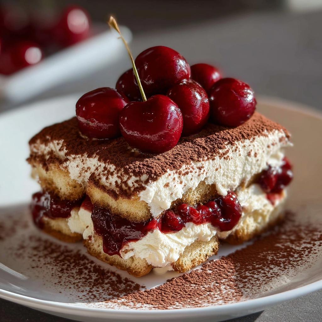 A decadent slice of Cherry Amaretto Tiramisu, layered with ladyfingers, cream, cherry filling, and topped with fresh cherries and cocoa powder.