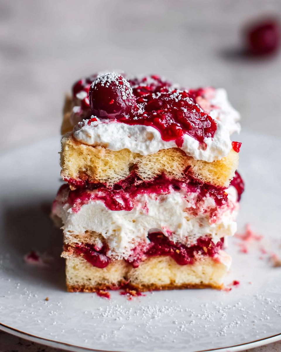 A close-up of a slice of Cherry Amaretto Tiramisu, featuring layers of cake, cream, and cherry compote, topped with a cherry.