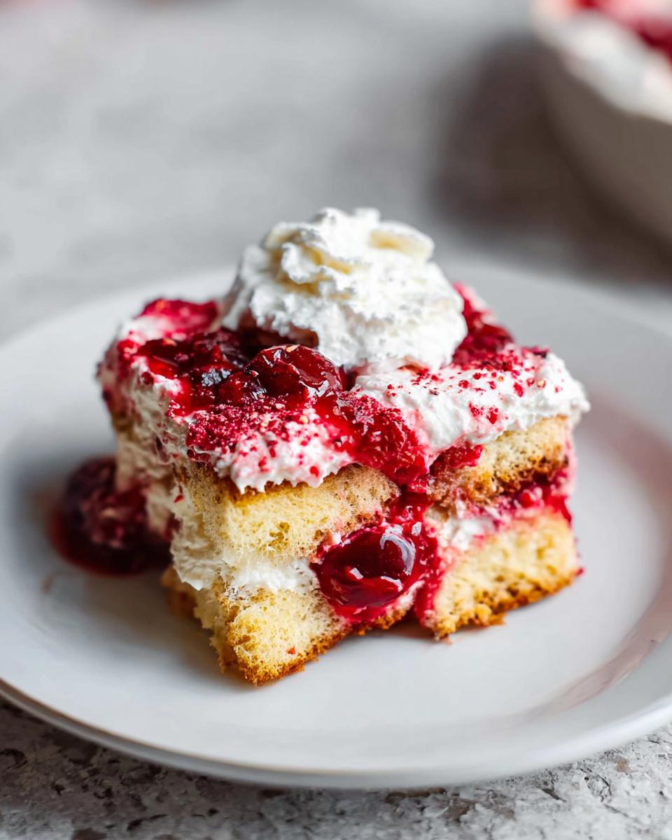 A decadent slice of Cherry Amaretto Tiramisu, layered with ladyfingers, cream, and cherries, topped with whipped cream.