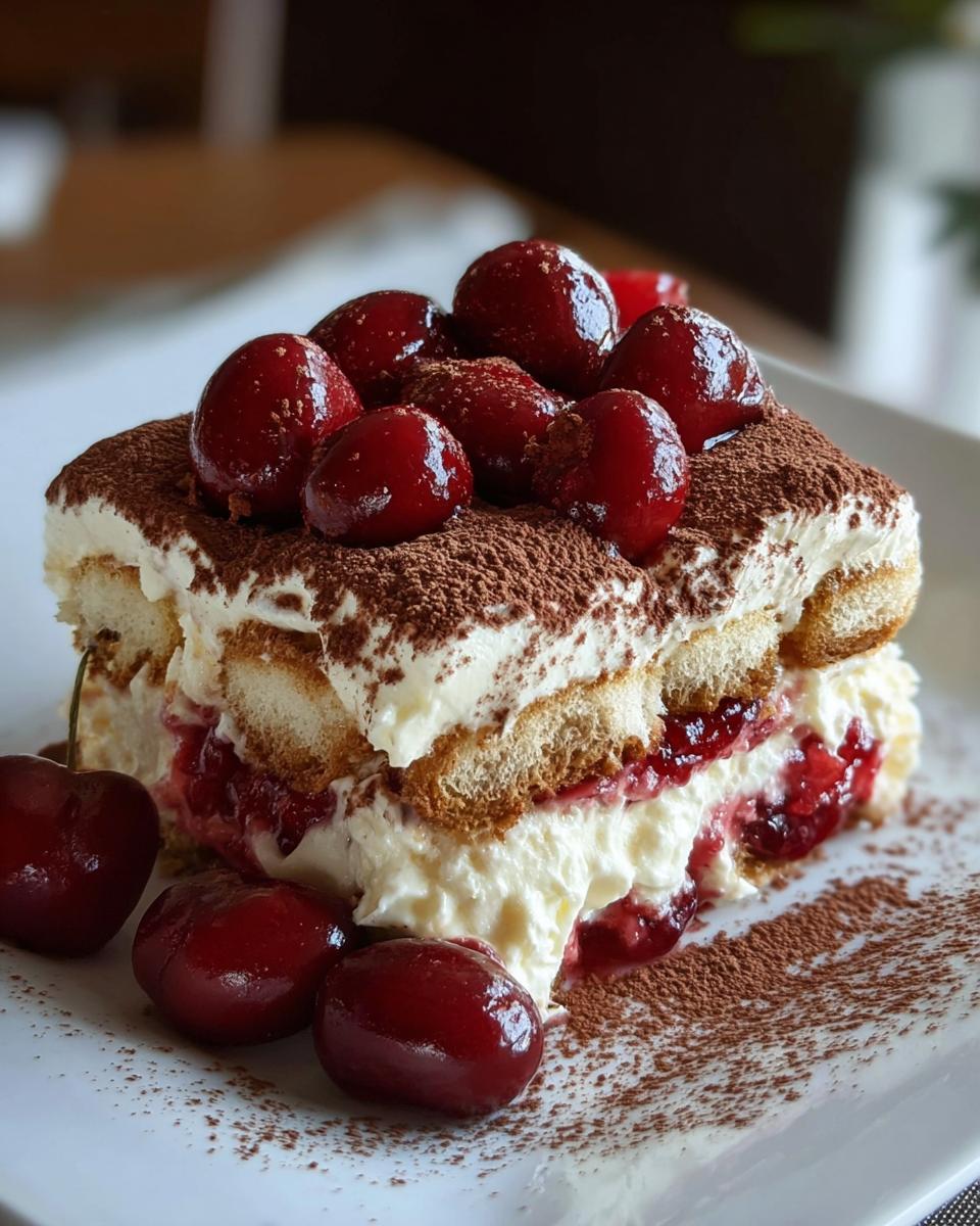 A decadent slice of Cherry Amaretto Tiramisu, layered with ladyfingers, cream, and cherries, topped with cocoa powder and fresh cherries.