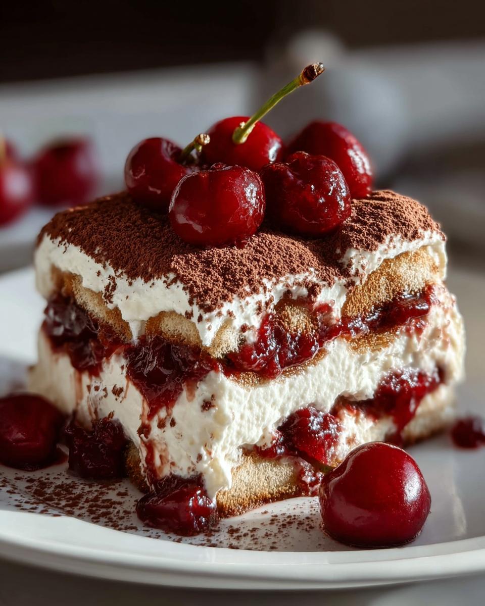 A decadent slice of Cherry Amaretto Tiramisu, layered with ladyfingers, mascarpone cream, and cherry compote, topped with fresh cherries and cocoa powder.