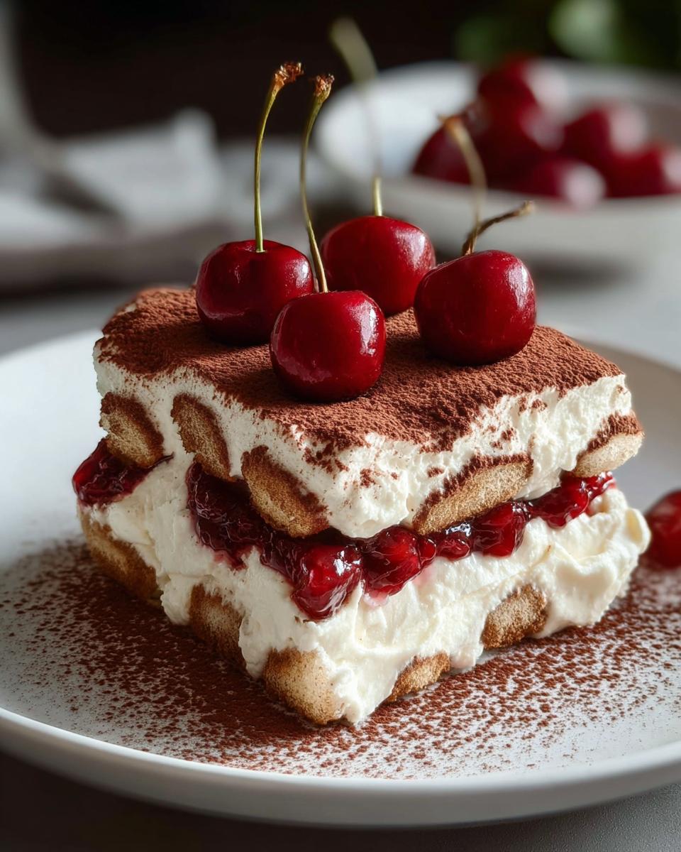 A slice of Cherry Amaretto Tiramisu topped with fresh cherries and dusted with cocoa powder.