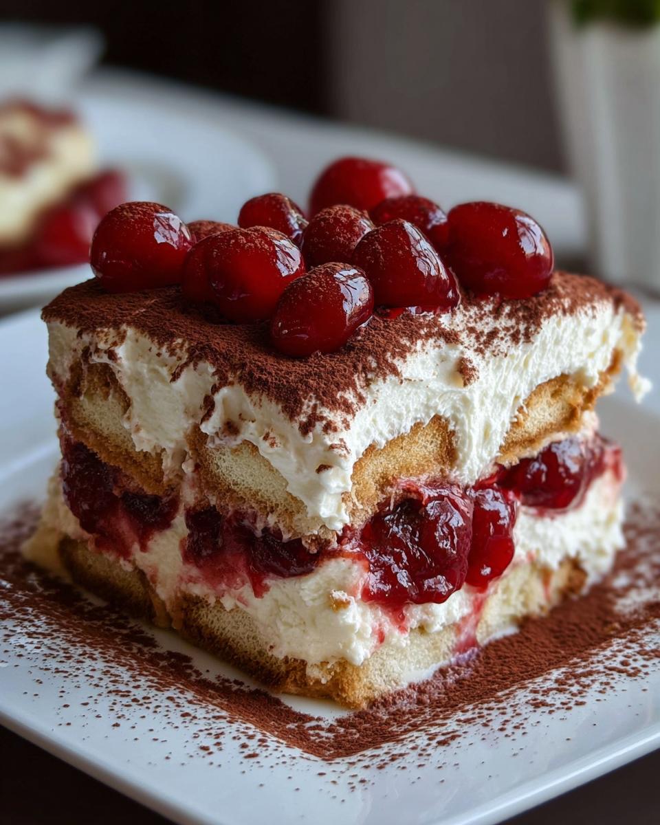 A decadent slice of Cherry Amaretto Tiramisu, layered with ladyfingers, cream, cherries, and dusted with cocoa powder.