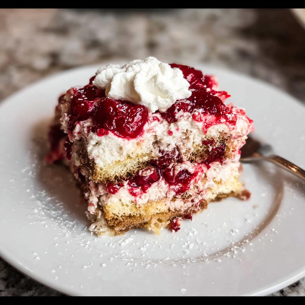 A decadent slice of Cherry Amaretto Tiramisu, layered with ladyfingers, creamy mascarpone, and tart cherries, topped with whipped cream.