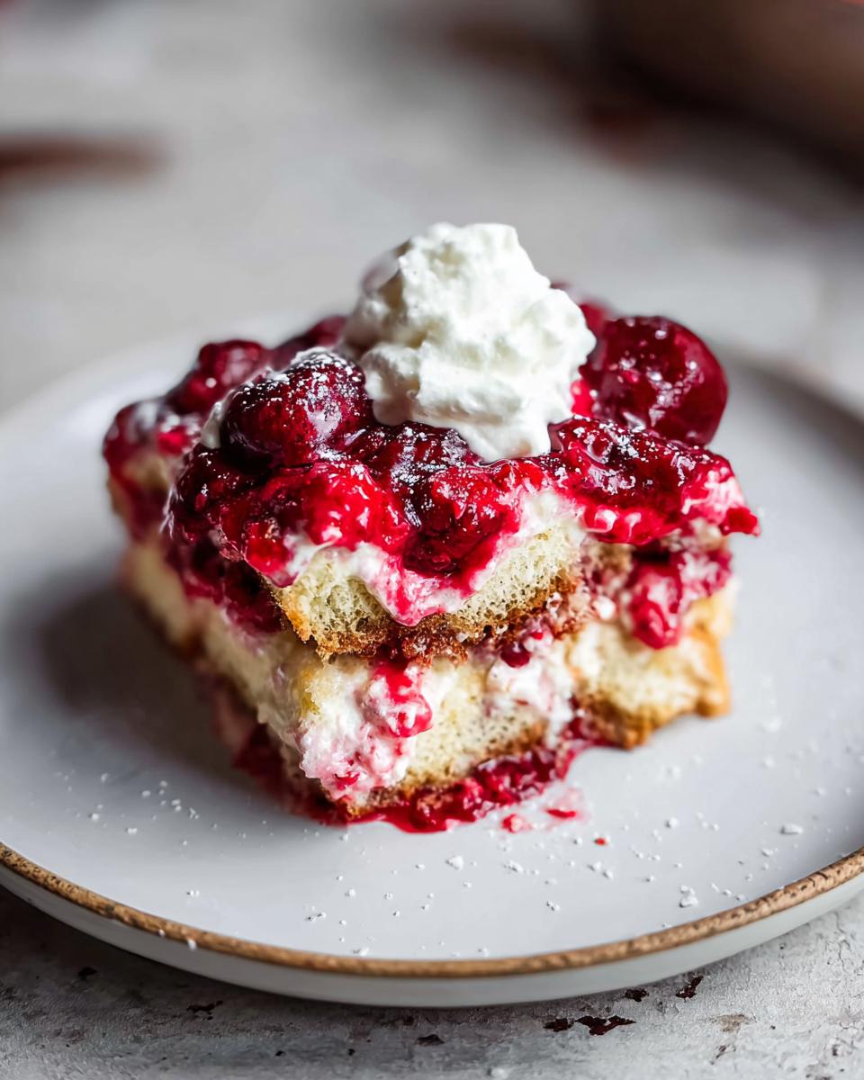 A decadent slice of Cherry Amaretto Tiramisu, layered with ladyfingers, creamy mascarpone, and a rich cherry compote, topped with whipped cream.