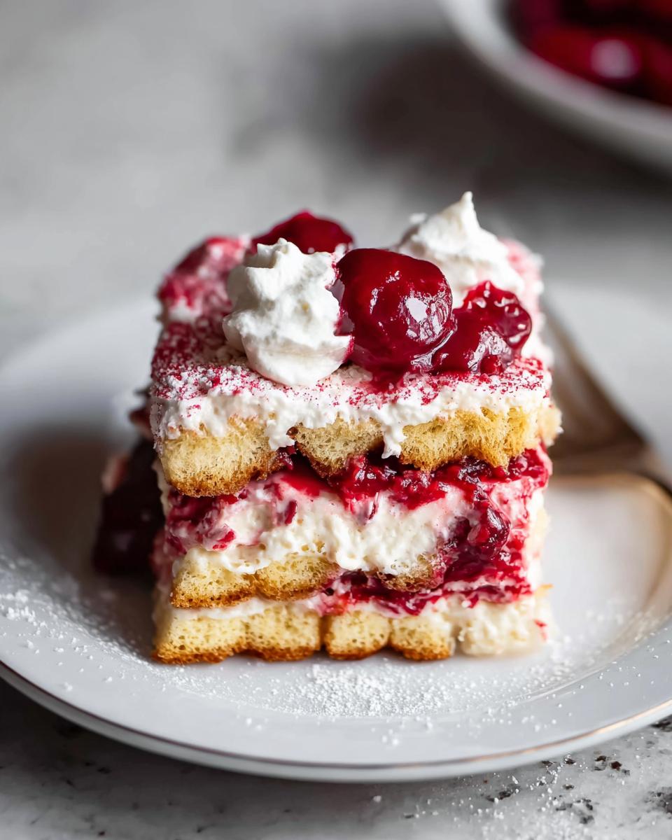 A decadent slice of Cherry Amaretto Tiramisu, layered with ladyfingers, cream, and cherries, topped with whipped cream and cherries.
