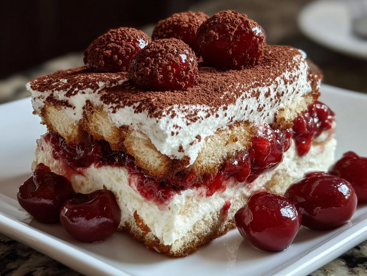A decadent slice of Cherry Amaretto Tiramisu layered with ladyfingers, cream, and cherries, topped with cocoa powder and fresh cherries.