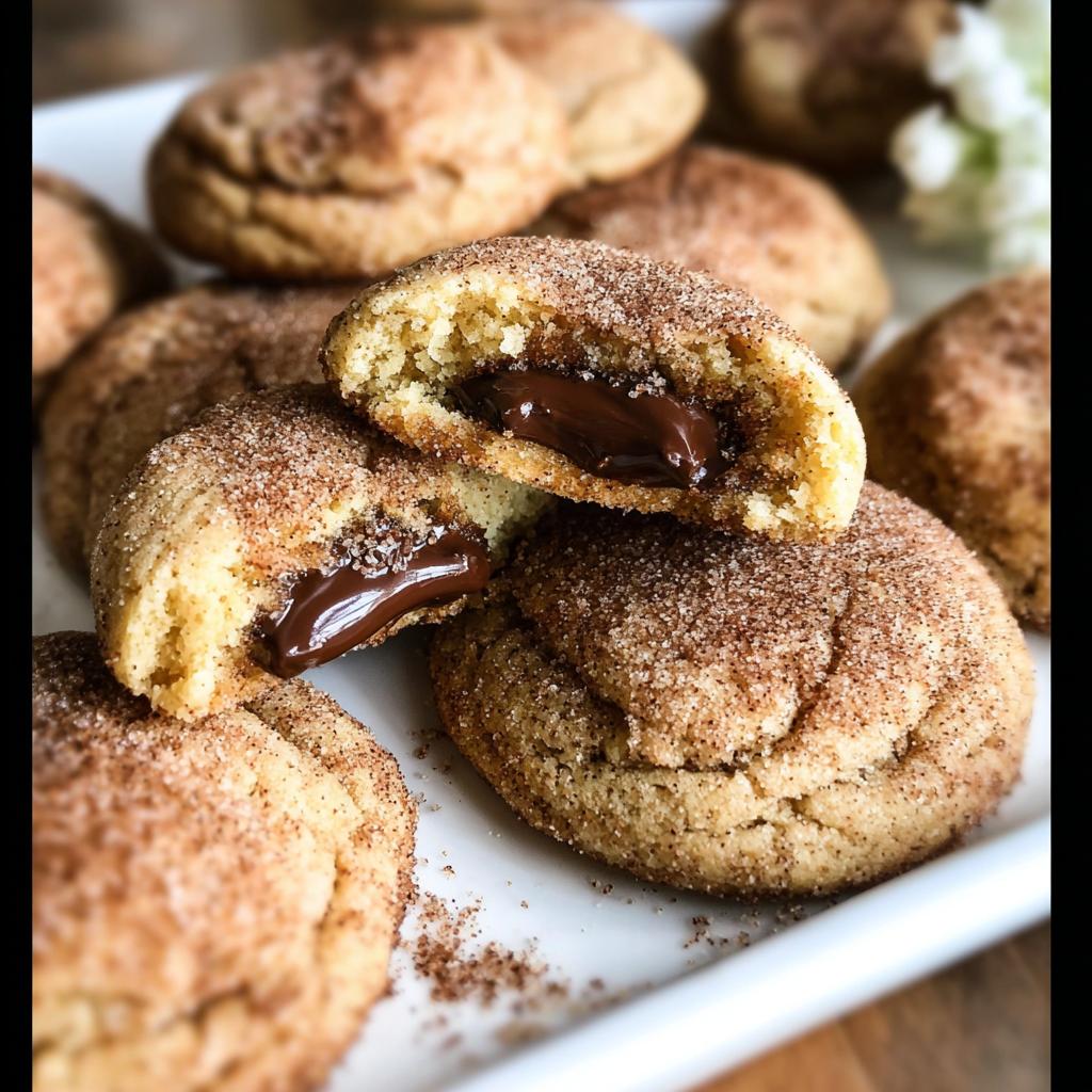 Close-up of Chewy Churro Cookies, one broken open to reveal a rich chocolate filling.