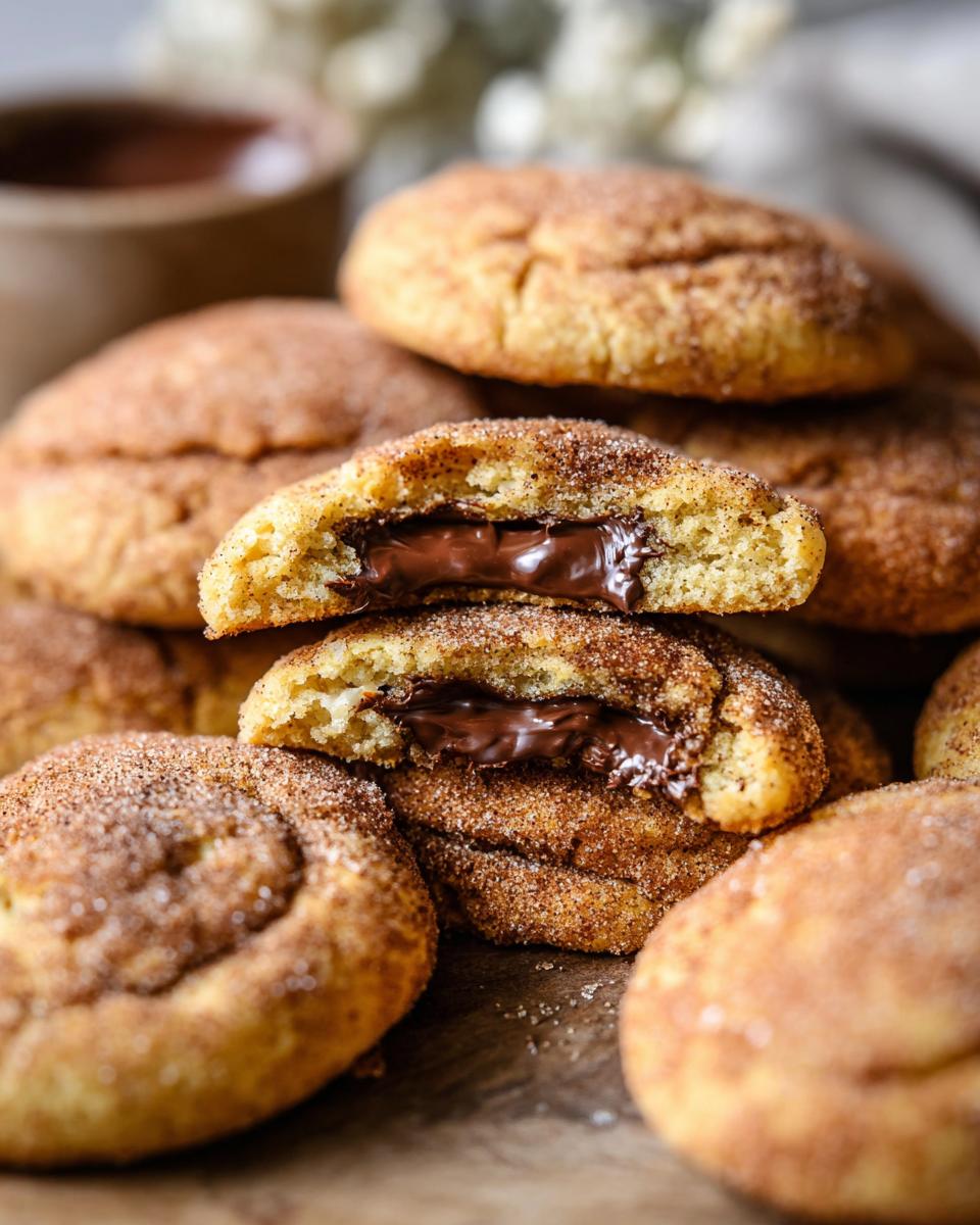 Close-up of chewy churro cookies, one split open revealing a gooey chocolate filling.